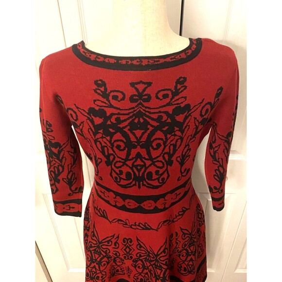 NEW TAYLOR Fit n Flare Sweater Dress Lg Burgundy Red Black Floral Celtic Gothic - Picture 8 of 11
